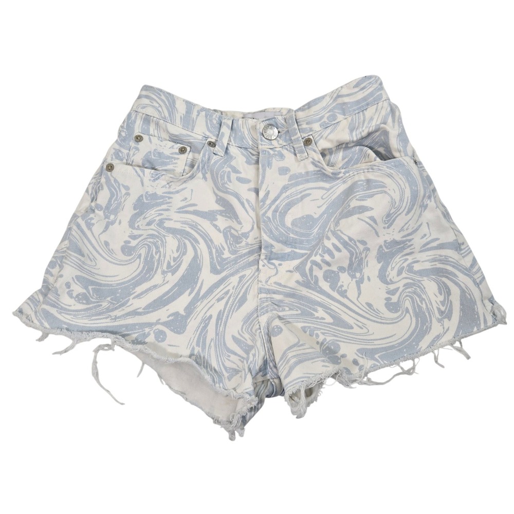 Zara High Rise Denim Shorts 2‎ Blue White Marble Swirl Print Raw Hem Festival